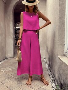 EMERY ROSE Women's Solid Color Round Neck Top And Wide Leg Pants Casual 2 Pieces Set - Red Violet - View 4