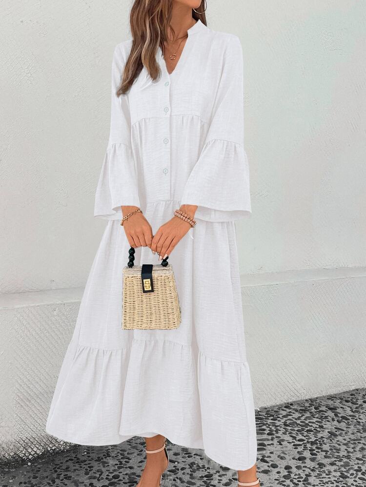 EMERY ROSE Women's Solid Color V-Neck Flare Single-Breasted Casual Loose Dress, Spring & Summer Maxi Women Outfit Fall Cloth For Women - White - View 3