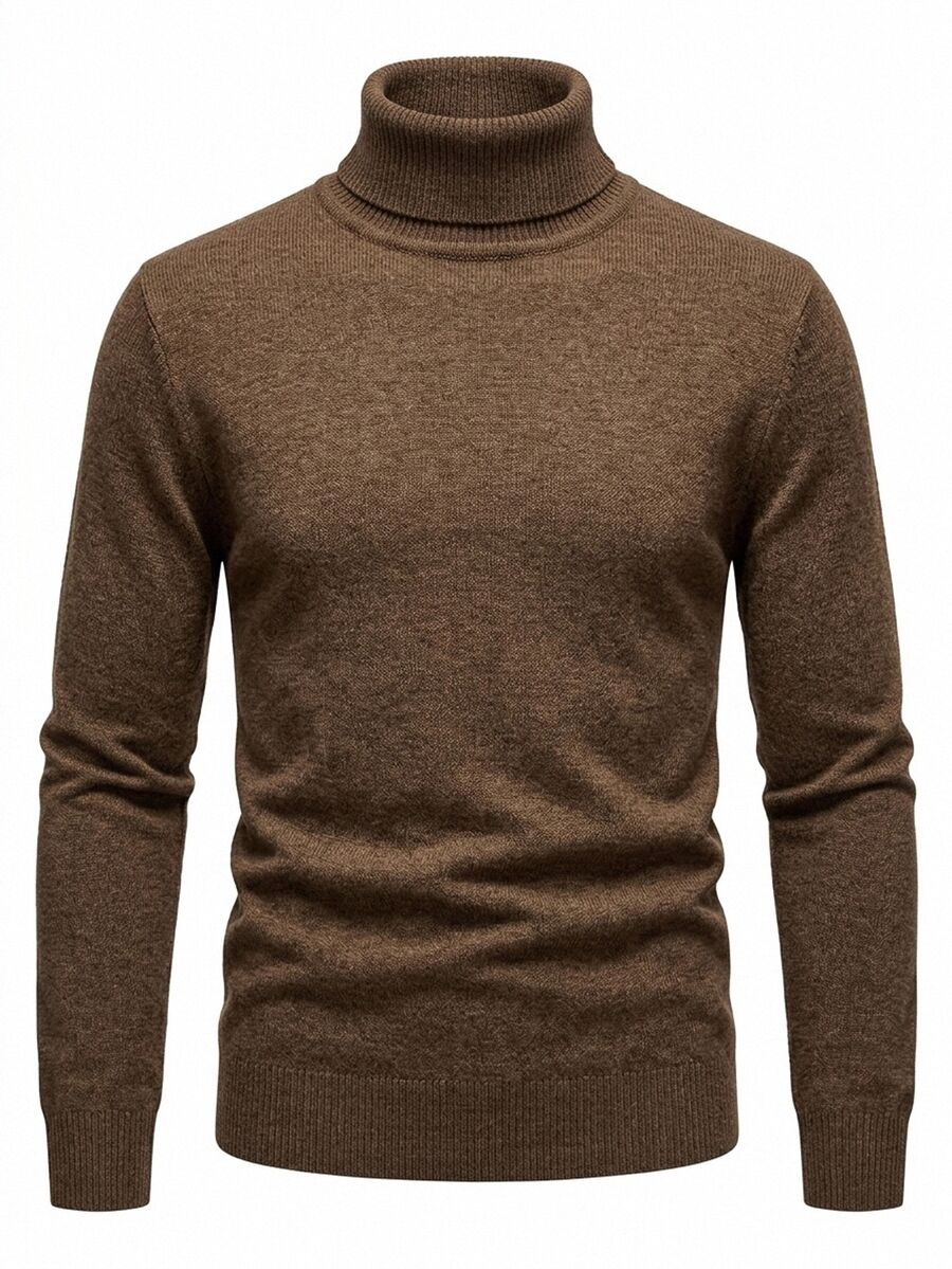 Manfinity CasualKnits 男士秋冬休閒素色高領毛衣 - 咖啡棕 - 查看 1