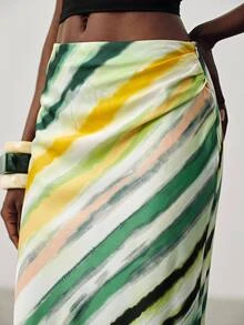 Aveloria Modichic Women's Satin Textured Fabric Slim Fit Bias Cut Skirt, Diagonal Colorful Striped Print, High Waist Cinched Design, Elegant Artistic Style, Women's Skirt, Satin Skirt, Elegant Long Skirt, Date, Summer, Office Women, Digital Print, Geometric Pattern - Green - View 6