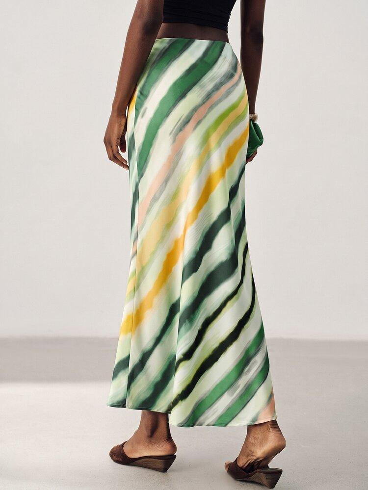 Aveloria Modichic Women's Satin Textured Fabric Slim Fit Bias Cut Skirt, Diagonal Green Stripe Striped Print, High Waist Cinched Design, Elegant Casual Artistic Style - Green - View 2