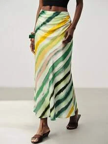 Aveloria Modichic Women's Satin Textured Fabric Slim Fit Bias Cut Skirt, Diagonal Colorful Striped Print, High Waist Cinched Design, Elegant Artistic Style, Women's Skirt, Satin Skirt, Elegant Long Skirt, Date, Summer, Office Women, Digital Print, Geometric Pattern - Green - View 3