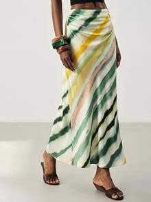 Aveloria Modichic Women's Satin Textured Fabric Slim Fit Bias Cut Skirt, Diagonal Colorful Striped Print, High Waist Cinched Design, Elegant Artistic Style, Women's Skirt, Satin Skirt, Elegant Long Skirt, Date, Summer, Office Women, Digital Print, Geometric Pattern - Green - View 4