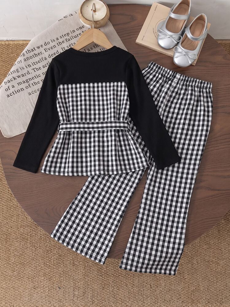 2 Pieces/Set Girls Long Sleeve Outfit Top With 2 In 1 Design Color Block Patchwork Black & White Plaid Print Round Neck With Button Front Pair - Black - View 2
