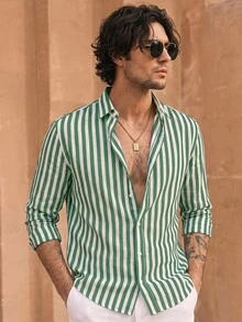 HIMLAND Men's Pale Yellow Relaxed Fit Long Sleeve Button-Up With Rolled Cuffs & Deep Open Neckline. Woven Fabric With Soft Drape. Sunny Resort Lay - Multicolor - View 8