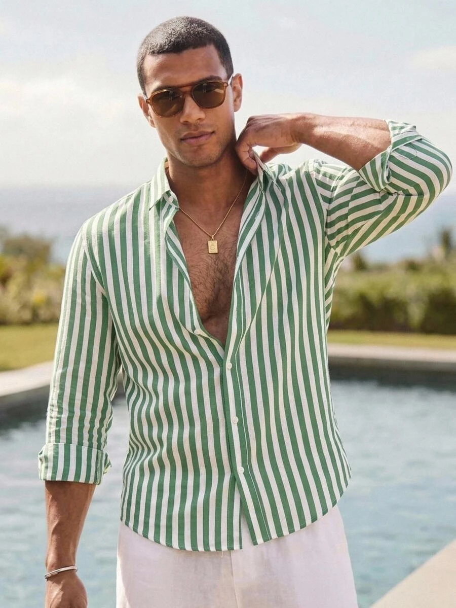 HIMLAND Men's Pale Yellow Relaxed Fit Long Sleeve Button-Up With Rolled Cuffs & Deep Open Neckline. Woven Fabric With Soft Drape. Sunny Resort Lay - Multicolor - View 1
