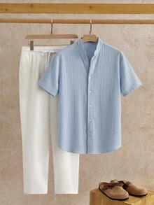COMVAIL Men's Plus Size Single-Breasted Textured Shirt And Drawstring Waist Pocket Trousers Set Beach Vacation Aqua Blue White Summer Tropical Casual, Colorblock - Multicolor - View 2