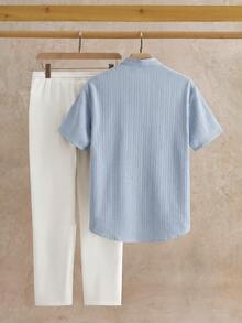 COMVAIL Men's Plus Size Single-Breasted Textured Shirt And Drawstring Waist Pocket Trousers Set Beach Vacation Aqua Blue White Summer Tropical Casual, Colorblock - Multicolor - View 3