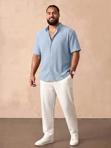 COMVAIL Men's Plus Size Single-Breasted Textured Shirt And Drawstring Waist Pocket Trousers Set Beach Vacation Aqua Blue White Summer Tropical Casual, Colorblock - Multicolor - View 1