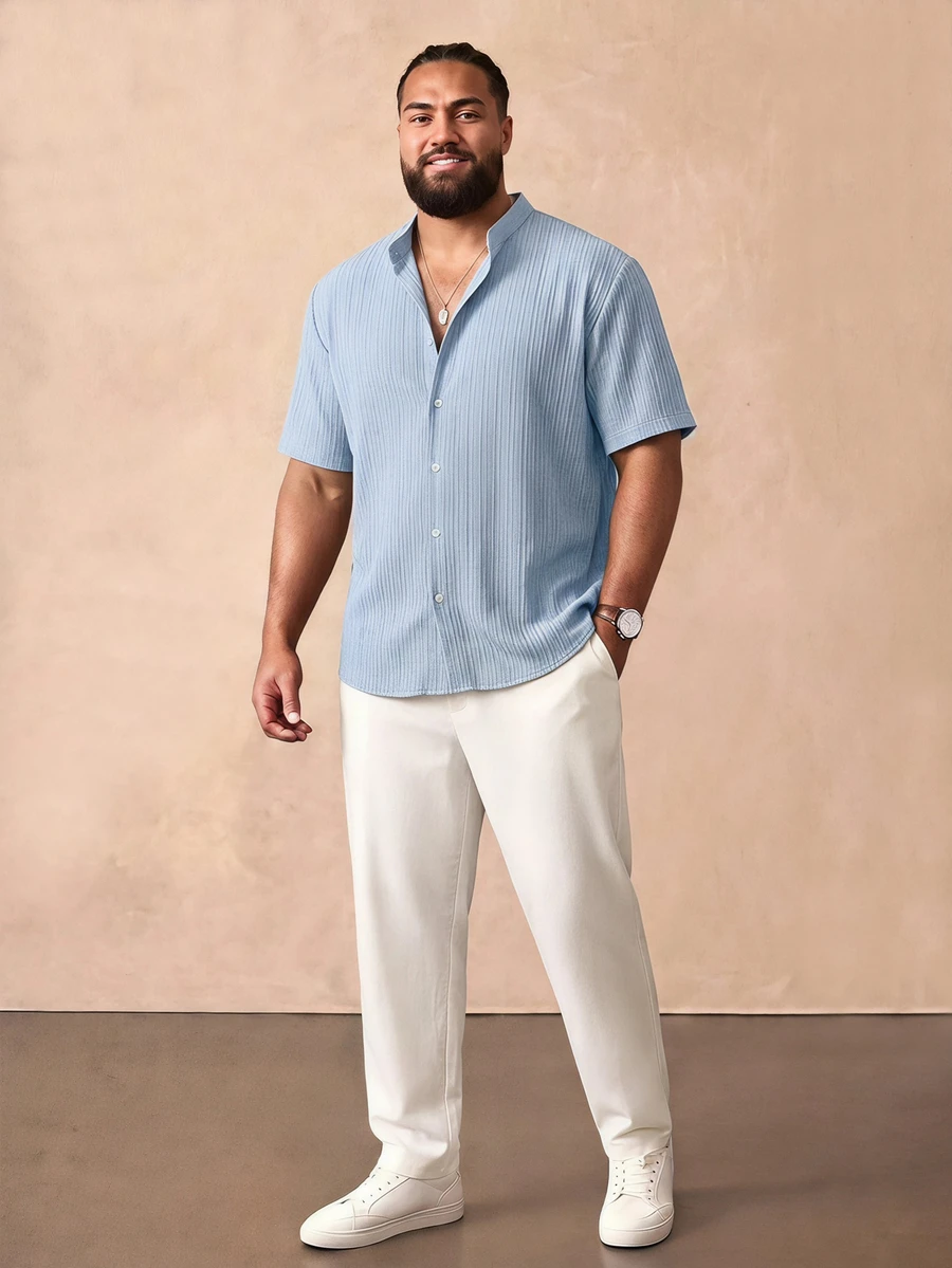 COMVAIL Men's Plus Size Single-Breasted Textured Shirt And Drawstring Waist Pocket Trousers Set Beach Vacation Aqua Blue White Summer Tropical Casual, Colorblock - Multicolor - View 1