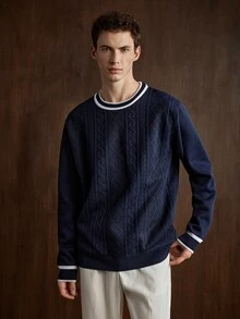 Manfinity CityGents Men's Fashion Versatile Navy Colorblock Long Sleeve Cable Knit Sweater Office Vacation Autumn Casual 90s - Navy Blue - View 3