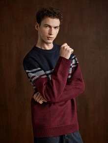 Manfinity Homme 男士秋冬圓領條紋針織套頭毛衣 - 酒紅色 - 查看 4