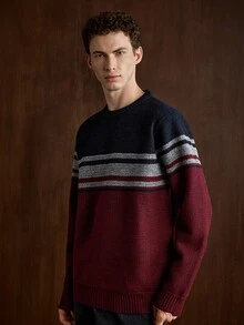 Manfinity Homme 男士秋冬圓領條紋針織套頭毛衣 - 酒紅色 - 查看 5