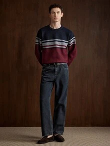 Manfinity Homme 男士秋冬圓領條紋針織套頭毛衣 - 酒紅色 - 查看 6