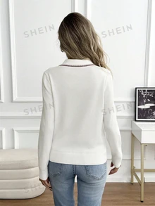 SHEIN Sweater Lengan Panjang Wanita Motif Blok Warna Kasual Serbaguna untuk Pemakaian Sehari-hari - Putih - View 2