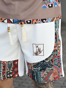 Devon Thys Celana Pendek Patchwork Bordir Pria dengan Saku, Celana Pendek Kasual Musim Panas dengan Tali Serut, Cocok untuk Pakaian Santai di Luar Ruangan dan Pantai - Putih - View 6