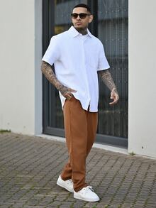 Devon Thys Hawaiian Style Linen Loose Casual Men's Henley Collar Short Sleeve Shirt - White - View 3
