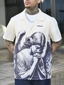 Devon Thys 男士夏季休闲沙滩度假纽扣衬衫，复古街头风天使印花宽松衬衫 - 米色 - 查看 6