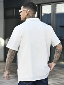 Devon Thys 男士夏季休闲沙滩度假纽扣衬衫，复古街头风天使印花宽松衬衫 - 米色 - 查看 2