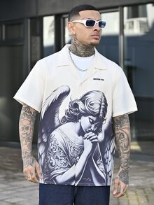 Devon Thys 男士夏季休闲沙滩度假纽扣衬衫，复古街头风天使印花宽松衬衫 - 米色 - 查看 1