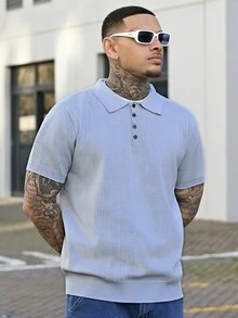 Devon Thys 男士镂空设计针织Polo衫，简约时尚，适合夏季 - 淺藍色 - 查看 1