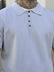 Devon Thys 男士镂空设计针织Polo衫，简约时尚，适合夏季 - 淺藍色 - 查看 4