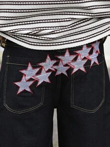 Devon Thys Men's Black Denim Shorts With Five-Pointed Star Embroidery, Retro Street Y2K Style Shorts - Black - View 6