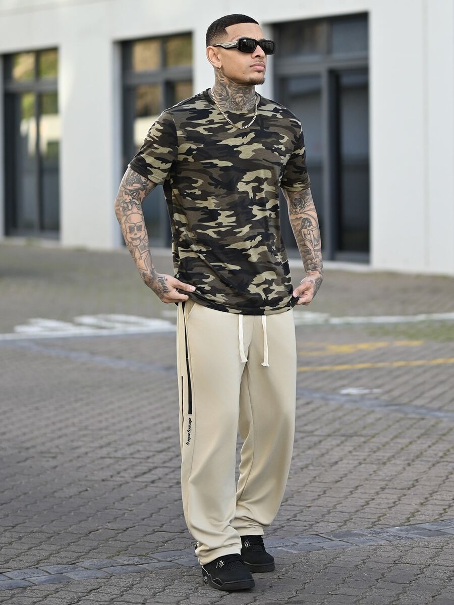 Devon Thys Men's Contrast Side Drawstring Waist Casual Pants, Suitable For Autumn - Apricot - View 1