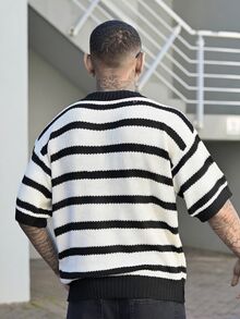 Devon Thys 男女通用宽松条纹休闲简约商务通勤 Polo 领短袖针织套头衫，春夏秋季 - 杏色 - 查看 2