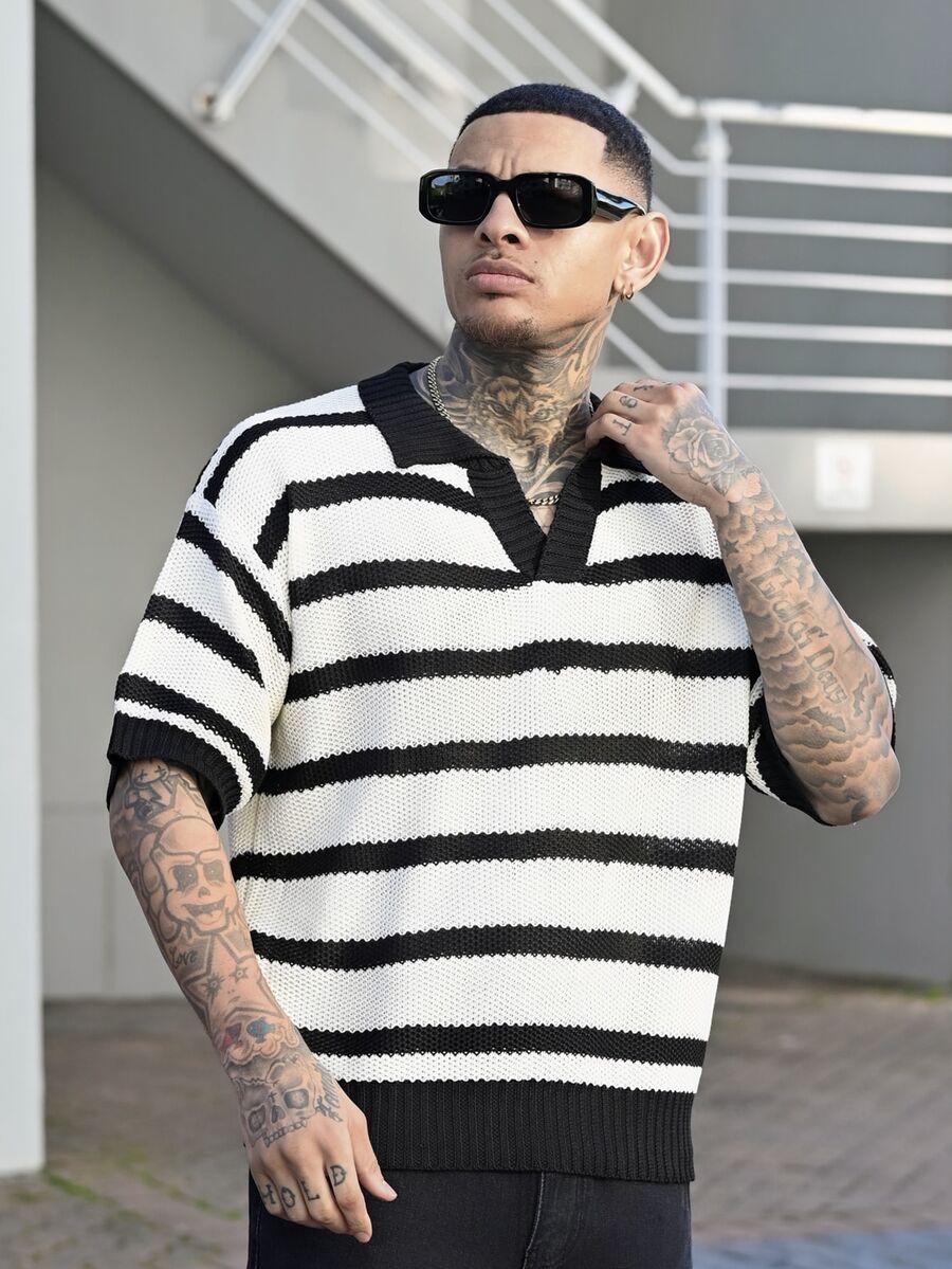 Devon Thys 男女通用宽松条纹休闲简约商务通勤 Polo 领短袖针织套头衫,春夏秋季 - 杏色 - 查看 1