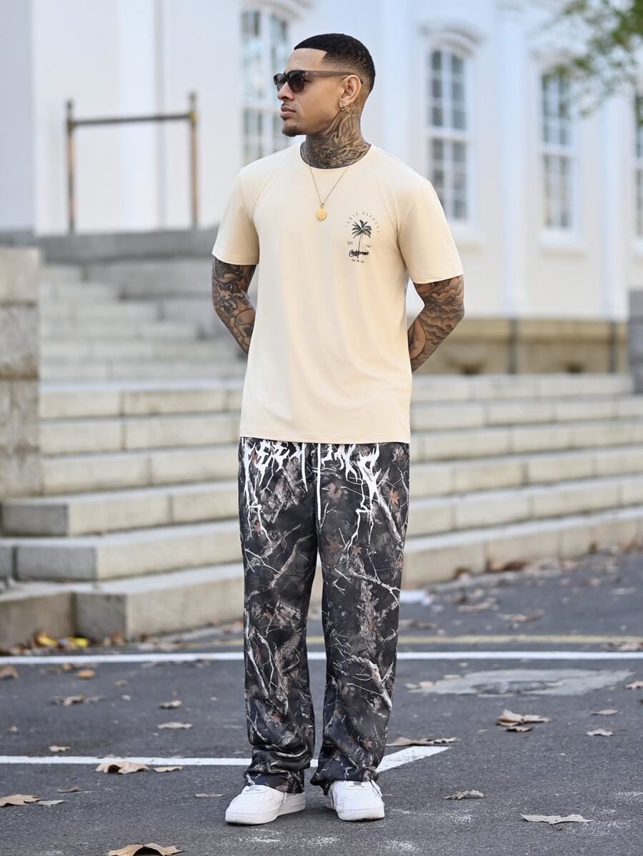 Devon Thys Men's Fashionable Streetwear Y2K Allover Print Sweatpants, Essential Item, Fall - Army Green - View 1