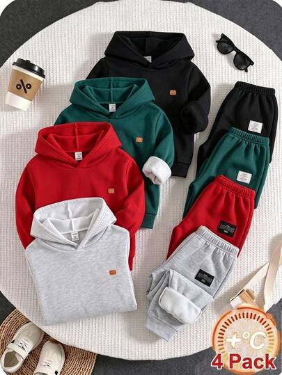 SHEIN 4 Pieces Young Boys Casual Cute Versatile Minimalist Print Solid Color Jogger Sweatpants Elastic Waist Long Pants 4-Piece Set All-Match Multi-Pack For Primary School And Middle School
