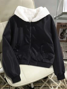 SHEIN Tween Girls' Thermal-Lined Zip-Up Hooded Jacket, Casual Comfortable Jacket Coat For Autumn/Winter - Black - View 3