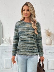 SHEIN LUNE Women's Casual 90s Retro Vintage 70s Faux Fur Crew Neck Long Sleeve T-Shirt Brunch Fall Winter Top Halloween Costumes Grey Dark Green - Teal Blue - View 6