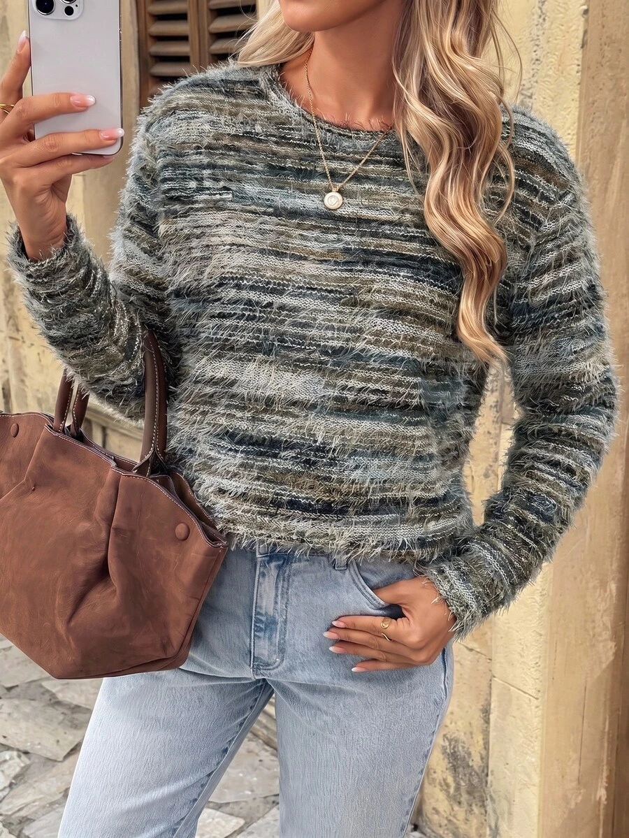 SHEIN LUNE Women's Casual 90s Retro Vintage 70s Faux Fur Crew Neck Long Sleeve T-Shirt Brunch Fall Winter Top Halloween Costumes Grey Dark Green - Teal Blue - View 1