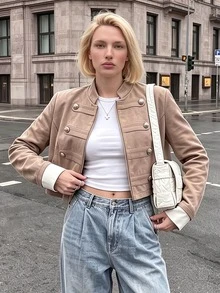 Struktiv Women's Spring/Summer Fashion Elegant Napoleon Shoulder Long Sleeve Jacket, Suitable For Dating, Outing, Shopping, Daily Commute - Khaki - View 3