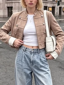 Struktiv Women's Spring/Summer Fashion Elegant Napoleon Shoulder Long Sleeve Jacket, Suitable For Dating, Outing, Shopping, Daily Commute - Khaki - View 1