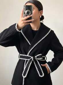 Teen Girl Long Sleeve Fleece Fall Clothes Autumn/Winter Fashion Contrast Trim Overcoat, Holiday Outfits, Casual - Black - View 2