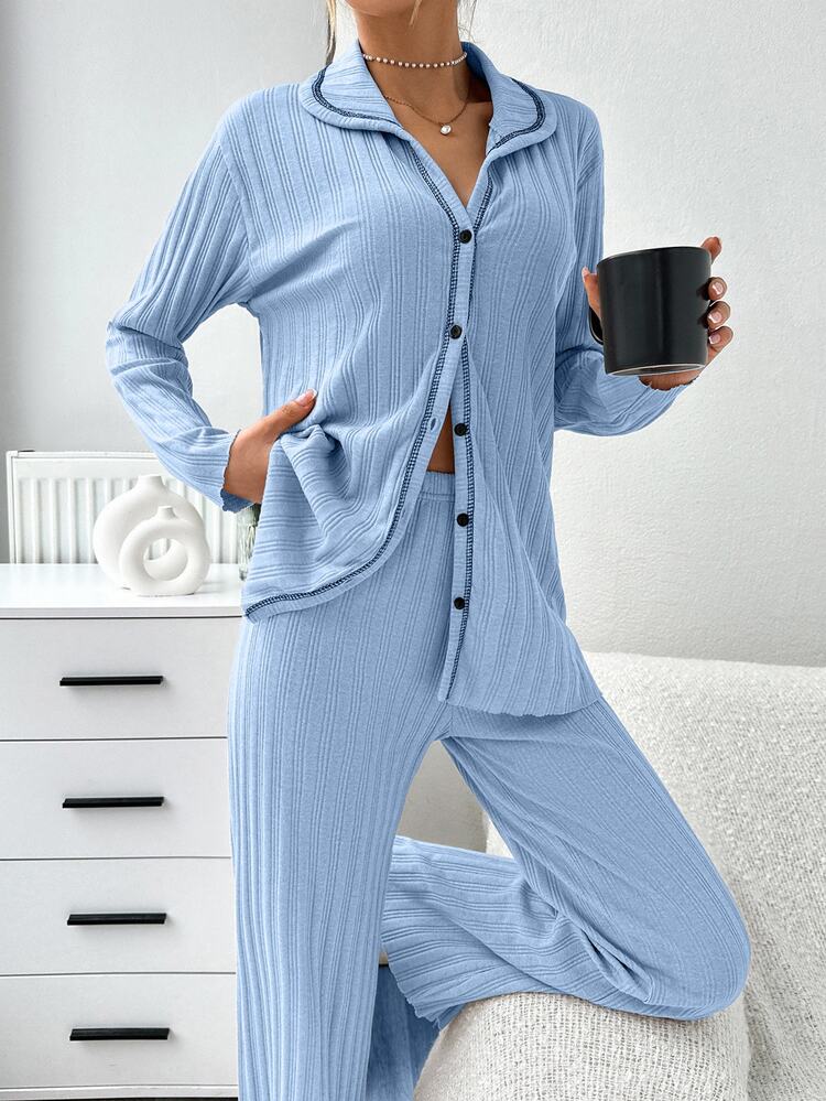 SHEIN TALL Size Women 2 Pcs Cotton Rib Knitted BLUE Contrast Colour Button Front Detail Long Sleeved&Long Pants Homewear Comfort Casual Comfort Pajama Set - Blue - View 1
