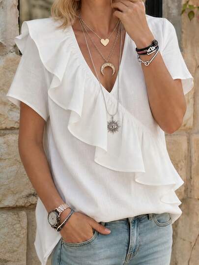 SHEIN Women's White Casual Cotton Blouse With Ruffle Trim, Suitable For Daily Wear And Commuting, Bohemian Style