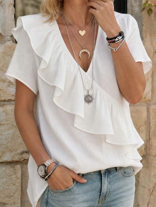 SHEIN Blusa de algodón blanca casual de mujer con ribete de volantes, adecuada para uso diario y para ir al trabajo, estilo bohemio