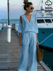 EMERY ROSE Women's Off-Shoulder V-Neck Blouse And Cotton Pants 2 Pieces Set - Blue - View 4