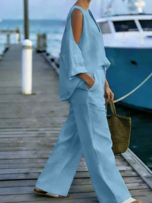 EMERY ROSE Women's Off-Shoulder V-Neck Blouse And Cotton Pants 2 Pieces Set - Blue - View 5