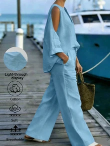 EMERY ROSE Women's Off-Shoulder V-Neck Blouse And Cotton Pants 2 Pieces Set - Blue - View 3