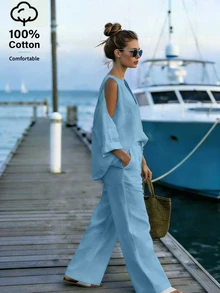 EMERY ROSE Women's Off-Shoulder V-Neck Blouse And Cotton Pants 2 Pieces Set - Blue - View 6