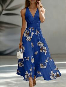 EMERY ROSE Ab配色V領無袖收腰通勤度假優雅女款中長洋裝 - 寶藍色 - 查看 5