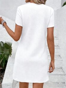 EMERY ROSE Women's Casual Solid Color V-Neck Petal Sleeve Dress - White - View 2