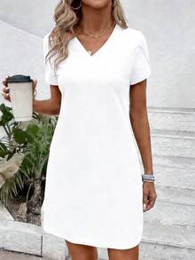 EMERY ROSE Women's Casual Solid Color V-Neck Petal Sleeve Dress - White - View 5