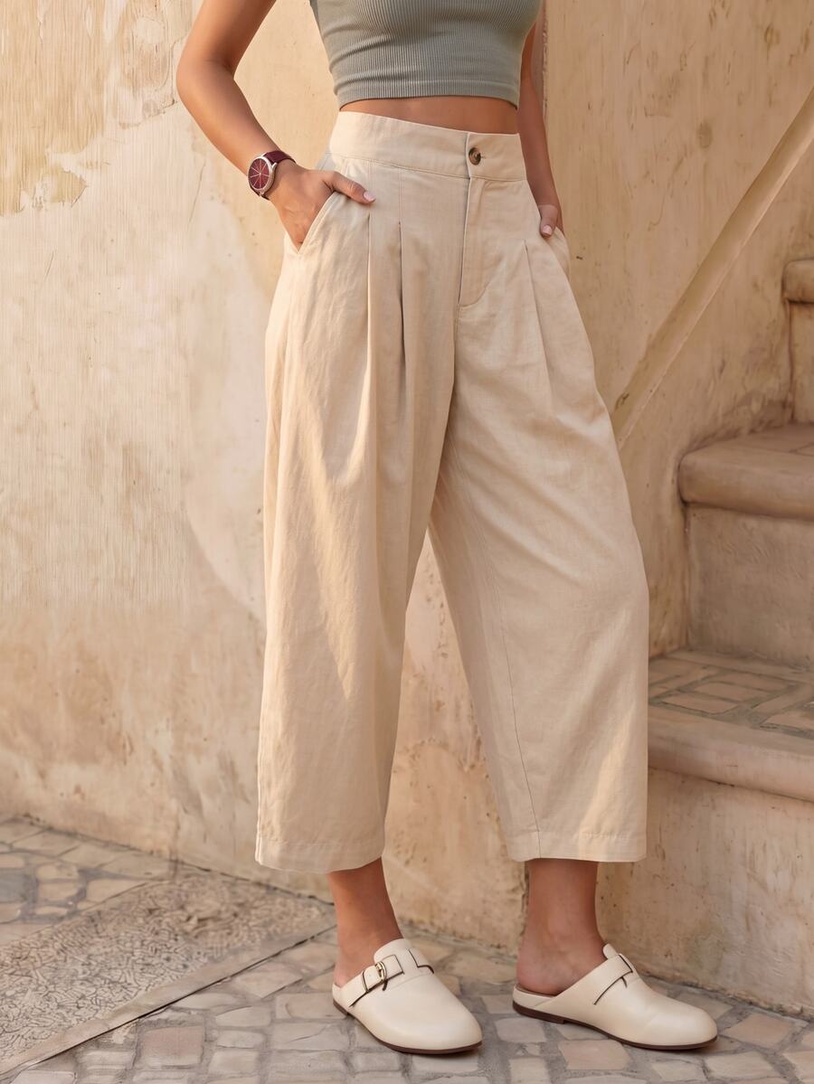 EMERY ROSE Women's Apricot Casual Daily Street Chic High Waist Slant Pocket Fold Pleated Cropped Length Carrot Pants - Apricot - View 1