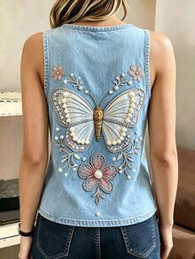 SHEIN Women's Summer Vacation Casual Butterfly Print Tank Top - White - View 2